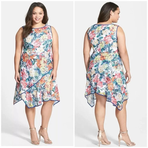 Adrianna Papell Floral Print‎ Asymmetrical Fit & Flare Dress Size 14W Sleeveless - Picture 1 of 12